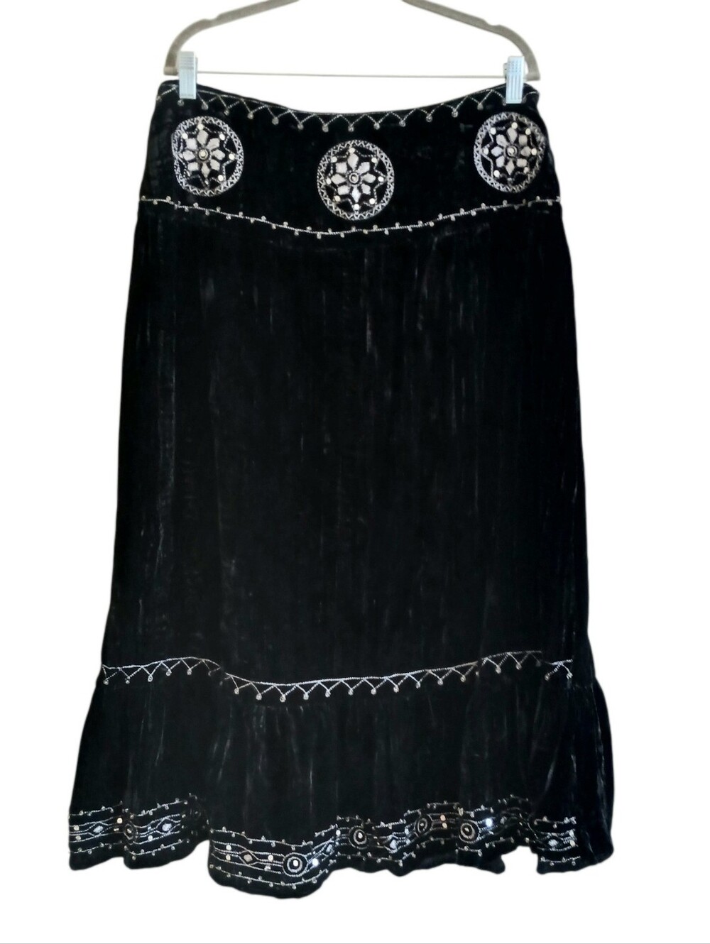 VINTAGE Crushed Velvet Embroidered Maxi Skirt Women's 1X Black Whimsigoth